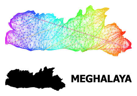 Net and solid map of Meghalaya State. Vector model is created from map of Meghalaya State with intersected random lines, and has bright spectral gradient. Abstract lines form map of Meghalaya State.のイラスト素材