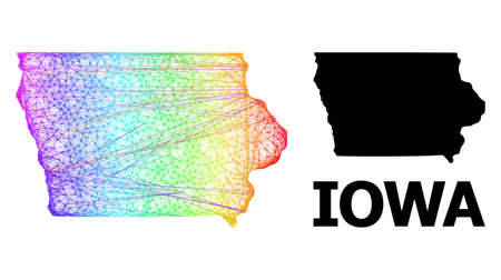 Wire frame and solid map of Iowa State. Vector structure is created from map of Iowa State with intersected random lines, and has bright spectral gradient.のイラスト素材