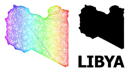 Wire frame and solid map of Libya. Vector model is created from map of Libya with intersected random lines, and has bright spectral gradient. Abstract lines form map of Libya.のイラスト素材