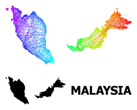 Net and solid map of Malaysia. Vector model is created from map of Malaysia with intersected random lines, and has spectral gradient. Abstract lines are combined into map of Malaysia.のイラスト素材