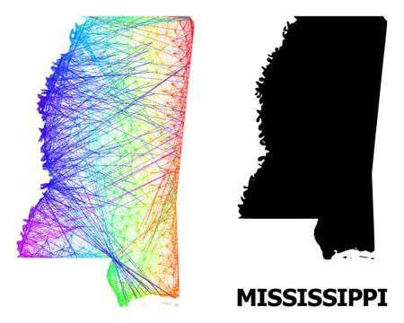 Wire frame and solid map of Mississippi State. Vector structure is created from map of Mississippi State with intersected random lines, and has rainbow gradient.のイラスト素材
