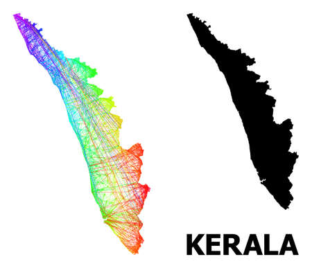 Wire frame and solid map of Kerala State. Vector model is created from map of Kerala State with intersected random lines, and has bright spectral gradient. Abstract lines form map of Kerala State.のイラスト素材