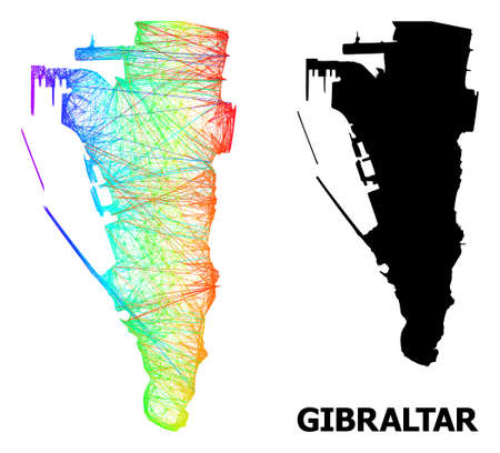 Network and solid map of Gibraltar. Vector model is created from map of Gibraltar with intersected random lines, and has spectral gradient. Abstract lines are combined into map of Gibraltar.のイラスト素材