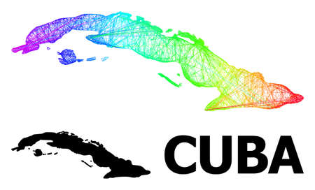 Wire frame and solid map of Cuba. Vector structure is created from map of Cuba with intersected random lines, and has spectrum gradient. Abstract lines are combined into map of Cuba.のイラスト素材