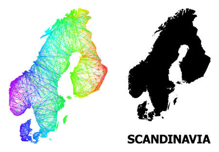 Wire frame and solid map of Scandinavia. Vector model is created from map of Scandinavia with intersected random lines, and has spectral gradient. Abstract lines form map of Scandinavia.のイラスト素材
