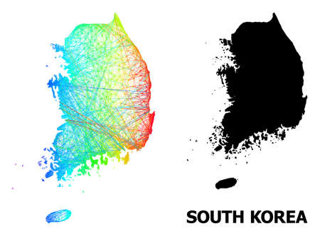 Net and solid map of South Korea. Vector model is created from map of South Korea with intersected random lines, and has bright spectral gradient. Abstract lines form map of South Korea.のイラスト素材