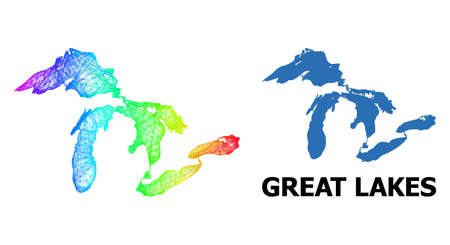 Network and solid map of Great Lakes. Vector structure is created from map of Great Lakes with intersected random lines, and has spectral gradient. Abstract lines form map of Great Lakes.のイラスト素材