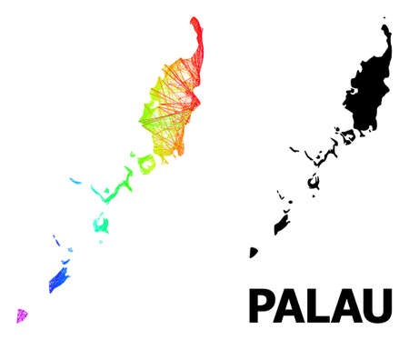 Wire frame and solid map of Palau Islands. Vector structure is created from map of Palau Islands with intersected random lines, and has spectrum gradient.のイラスト素材