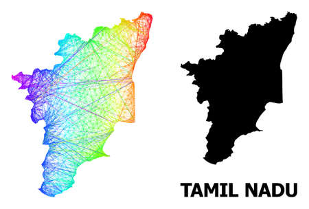 Network and solid map of Tamil Nadu State. Vector model is created from map of Tamil Nadu State with intersected random lines, and has spectral gradient.のイラスト素材