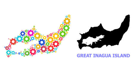 Vector composition map of Great Inagua Island designed for workshops. Mosaic map of Great Inagua Island is designed from scattered bright wheels. Engineering items in bright colors.のイラスト素材