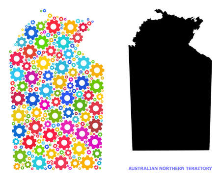Vector composition map of Australian Northern Territory organized for engineering. Mosaic map of Australian Northern Territory is constructed with random bright gears.のイラスト素材