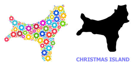 Vector mosaic map of Christmas Island designed for engineering. Mosaic map of Christmas Island is composed of random multi-colored wheels. Engineering components in bright colors.のイラスト素材
