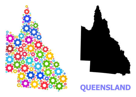 Vector mosaic map of Australian Queensland done for engineering. Mosaic map of Australian Queensland is done of randomized bright gear wheels. Engineering items in bright colors.のイラスト素材