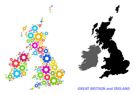 Vector mosaic map of Great Britain and Ireland constructed for engineering. Mosaic map of Great Britain and Ireland is made with randomized colorful gear wheels.のイラスト素材
