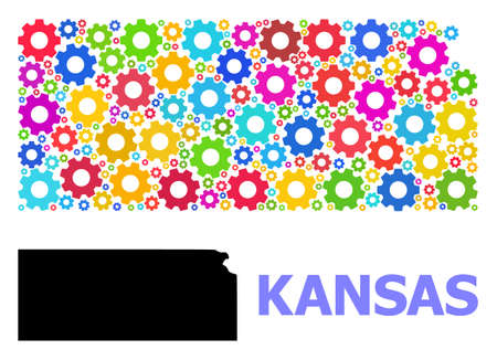 Vector composition map of Kansas State constructed for workshops. Mosaic map of Kansas State is constructed of scattered bright gears. Engineering items in bright colors.のイラスト素材
