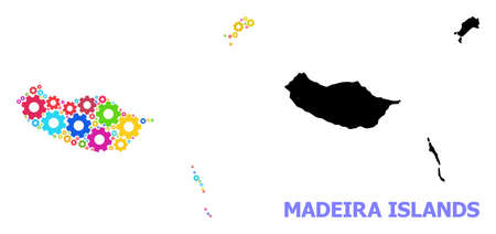Vector mosaic map of Madeira Islands done for industrial apps. Mosaic map of Madeira Islands is shaped from randomized colored wheels. Engineering items in bright colors.のイラスト素材