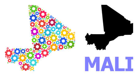 Vector composition map of Mali designed for engineering. Mosaic map of Mali is designed with scattered colored wheels. Engineering components in bright colors.のイラスト素材