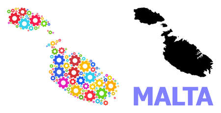 Vector composition map of Malta combined for engineering. Mosaic map of Malta is organized from randomized bright gear wheels. Engineering components in bright colors.のイラスト素材