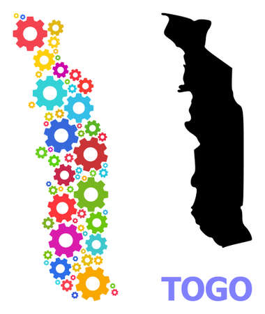 Vector mosaic map of Togo organized for mechanics. Mosaic map of Togo is organized with random bright cogs. Engineering items in bright colors.のイラスト素材