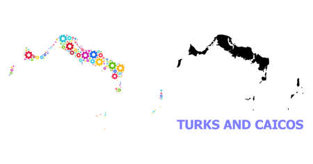 Vector mosaic map of Turks and Caicos Islands constructed for engineering. Mosaic map of Turks and Caicos Islands is composed of scattered colored gears. Engineering components in bright colors.のイラスト素材