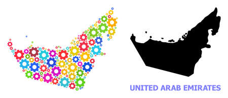 Vector mosaic map of United Arab Emirates created for engineering. Mosaic map of United Arab Emirates is composed of scattered colored wheels. Engineering items in bright colors.のイラスト素材