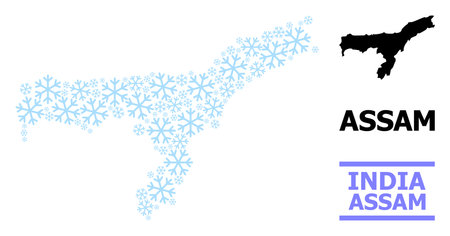 Vector mosaic map of Assam State organized for New Year, Christmas celebration, and winter. Mosaic map of Assam State is organized of light blue snow items.のイラスト素材