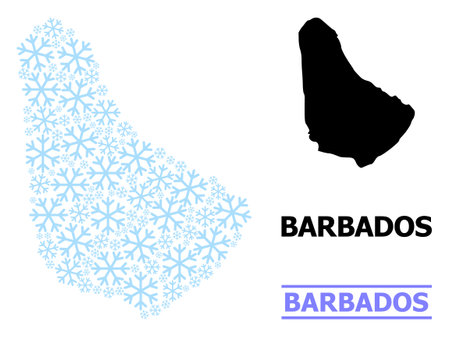 Vector collage map of Barbados organized for New Year, Christmas celebration, and winter. Mosaic map of Barbados is organized with light blue snow. Design elements for political and New Year posters.のイラスト素材