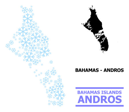 Vector mosaic map of Bahamas - Andros Island created for New Year, Christmas celebration, and winter. Mosaic map of Bahamas - Andros Island is created from light blue snow items.のイラスト素材