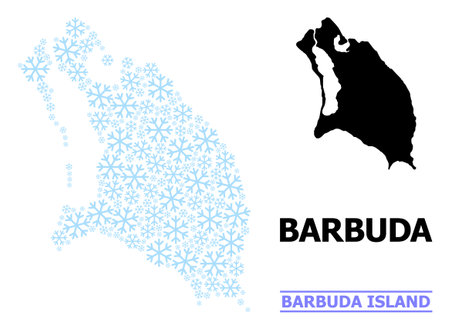Vector mosaic map of Barbuda Island constructed for New Year, Christmas celebration, and winter. Mosaic map of Barbuda Island is done with light blue snow items.のイラスト素材