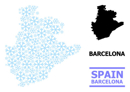 Vector mosaic map of Barcelona Province designed for New Year, Christmas celebration, and winter. Mosaic map of Barcelona Province is organized with light blue ice crystals.のイラスト素材