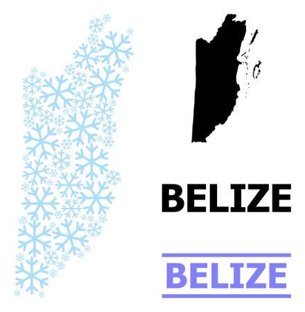 Vector mosaic map of Belize designed for New Year, Christmas celebration, and winter. Mosaic map of Belize is composed from light blue snow items.のイラスト素材