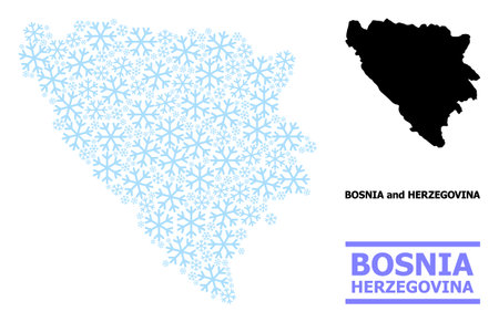 Vector mosaic map of Bosnia and Herzegovina designed for New Year, Christmas celebration, and winter. Mosaic map of Bosnia and Herzegovina is created of light blue snow items.のイラスト素材