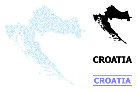 Vector mosaic map of Croatia created for New Year, Christmas celebration, and winter. Mosaic map of Croatia is done of light blue snow elements. Design elements for patriotic and New Year projects.のイラスト素材