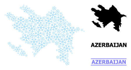 Vector collage map of Azerbaijan designed for New Year, Christmas celebration, and winter. Mosaic map of Azerbaijan is designed of light blue snow elements.のイラスト素材