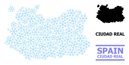 Vector composition map of Ciudad Real Province designed for New Year, Christmas celebration, and winter. Mosaic map of Ciudad Real Province is designed with light blue snow flakes.のイラスト素材