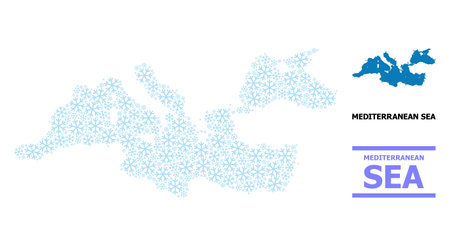 Vector mosaic map of Mediterranean Sea constructed for New Year, Christmas celebration, and winter. Mosaic map of Mediterranean Sea is created from light blue snow items.のイラスト素材