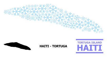 Vector mosaic map of Haiti Tortuga Island created for New Year, Christmas celebration, and winter. Mosaic map of Haiti Tortuga Island is made from light blue snow items.のイラスト素材