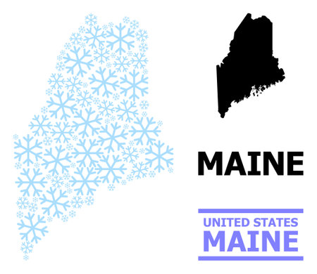 Vector mosaic map of Maine State created for New Year, Christmas celebration, and winter. Mosaic map of Maine State is organized with light blue snow items.のイラスト素材