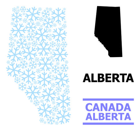 Mosaic map of Alberta Province is organized of light blue snow flakes.のイラスト素材