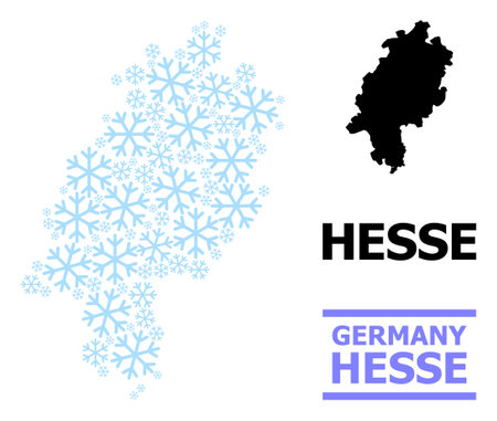 Vector composition map of Hesse State done for New Year, Christmas celebration, and winter. Mosaic map of Hesse State is shaped of light blue snow items.のイラスト素材