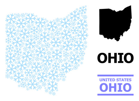 Vector mosaic map of Ohio State designed for New Year, Christmas celebration, and winter. Mosaic map of Ohio State is designed from light blue snow items.のイラスト素材