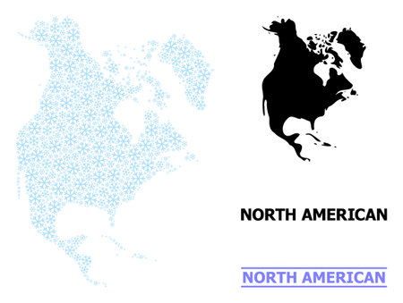 Vector mosaic map of North America designed for New Year, Christmas celebration, and winter. Mosaic map of North America is formed with light blue snowflakes.のイラスト素材