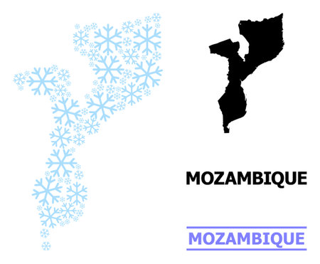 Vector mosaic map of Mozambique designed for New Year, Christmas celebration, and winter. Mosaic map of Mozambique is designed of light blue snow items.のイラスト素材