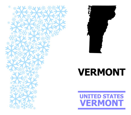 Mosaic map of Vermont State is organized with light blue snow elements.のイラスト素材