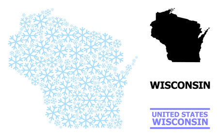 Vector mosaic map of Wisconsin State constructed for New Year, Christmas celebration, and winter. Mosaic map of Wisconsin State is constructed from light blue snow elements.のイラスト素材