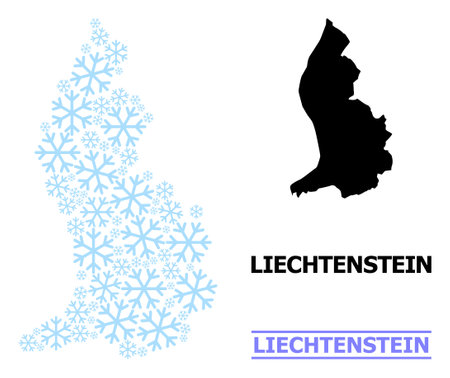 Vector collage map of Liechtenstein organized for New Year, Christmas celebration, and winter. Mosaic map of Liechtenstein is composed with light blue snow items.のイラスト素材