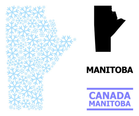Mosaic map of Manitoba Province is made with light blue snow elements.のイラスト素材