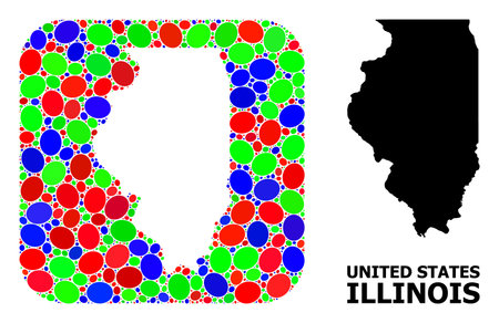 Vector mosaic and solid map of Illinois State. Bright geographic map constructed as subtraction from rounded square with bright elliptic elements.のイラスト素材