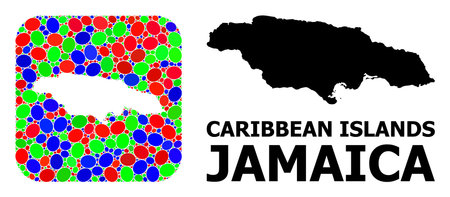 Vector mosaic and solid map of Jamaica. Bright geographic map created as subtraction from rounded square with bright elliptic elements.のイラスト素材