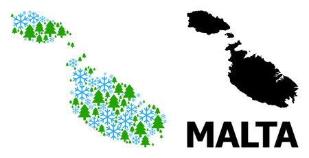 Vector collage map of Malta constructed for New Year, Christmas, and winter. Mosaic map of Malta is constructed with snow and fir-trees.のイラスト素材
